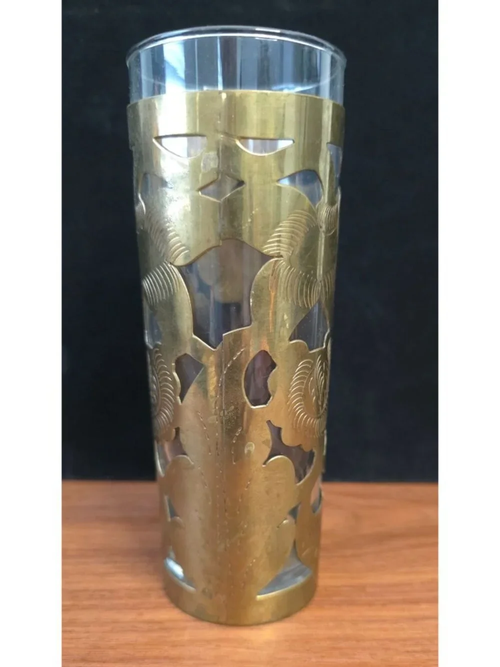 Vintage Mexican MCM Brass Overlay Glass Tumbler w/ Etched Floral Design 6.5